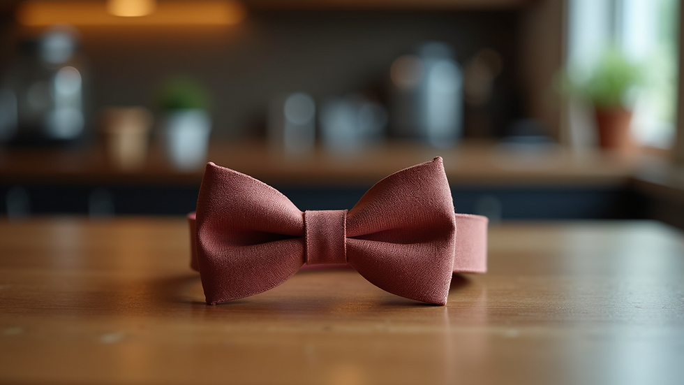 Close-up view of a small bow tie on a wooden table