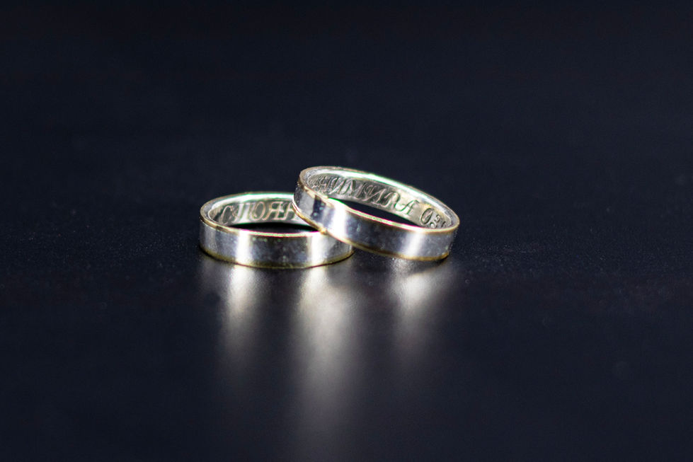 Custom engraved sterling silver 925 wedding rings with gold bands, handmade his and hers couple wedding bands