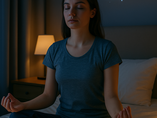 Mulher jovem sentada na cama em posição de meditação, com olhos fechados, ambiente noturno iluminado por abajur e lua desenhada ao fundo, simbolizando como a prática da meditação ajuda a melhorar a qualidade do sono.