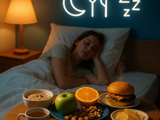 Mesa de cabeceira com alimentos variados, incluindo mingau, maçã verde, laranja, amêndoas, hambúrguer e batatas fritas, ao lado de uma xícara de chá. Ao fundo, uma mulher de pele clara dorme na cama, com luz de abajur acesa e ícones de lua, talheres e “Z” iluminados na parede.