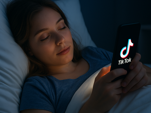 Mulher jovem deitada na cama à noite, segurando o celular com a tela iluminada exibindo o logo do TikTok, simbolizando o impacto do uso do aplicativo antes de dormir na qualidade do sono.