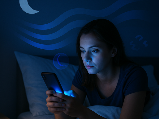 Mulher jovem deitada na cama à noite, segurando um celular que emite um forte brilho azul no rosto, com ondas de luz azul e ícone de lua ao fundo, simbolizando a influência da luz azul no sono.