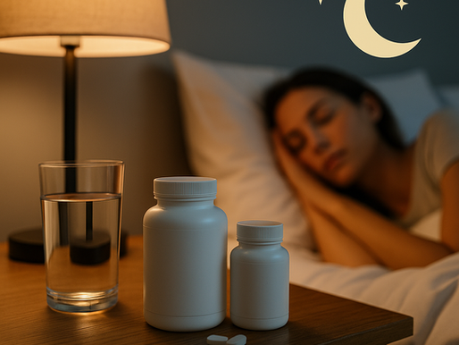 Mesa de cabeceira com frascos de suplementos, copo de água e ícone de lua e estrelas, com mulher dormindo ao fundo, simbolizando o uso de suplementos para melhorar o sono.