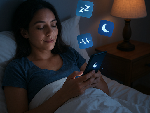 Mulher jovem deitada na cama à noite, olhando para o celular com expressão relaxada, enquanto ícones de aplicativos de sono flutuam ao redor, simbolizando o uso de apps para melhorar a qualidade do sono.