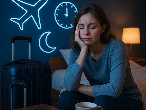 Mulher jovem de pele clara e cabelo castanho, sentada cansada em um quarto com mala de viagem ao lado, xícara de café e passaporte sobre a mesa. Na parede, ícones iluminados de avião, relógio e lua representam o jet lag e mudanças de fuso horário.