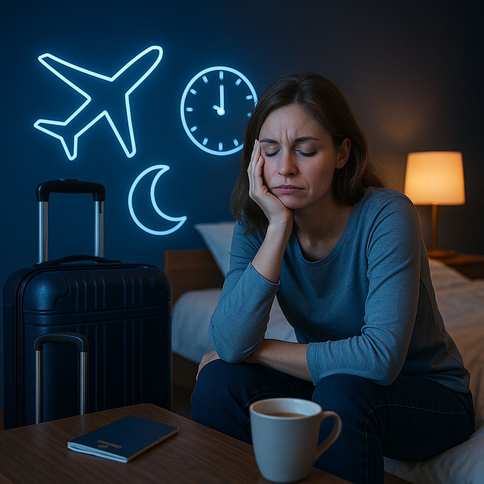 Mulher jovem de pele clara e cabelo castanho, sentada cansada em um quarto com mala de viagem ao lado, xícara de café e passaporte sobre a mesa. Na parede, ícones iluminados de avião, relógio e lua representam o jet lag e mudanças de fuso horário.