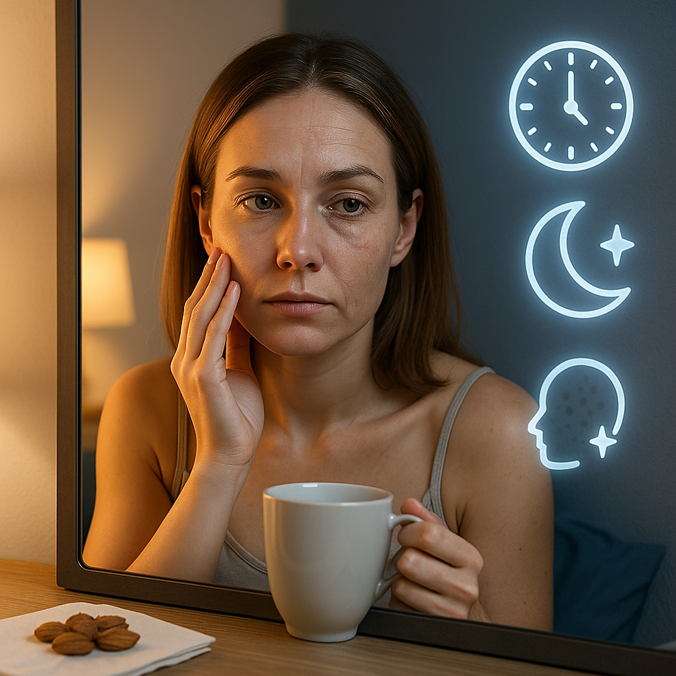 Mulher jovem de pele clara, com cabelo castanho, olhando para o espelho com expressão cansada e tocando o rosto. Ao lado, ícones luminosos de relógio, lua e perfil humano simbolizam sono e envelhecimento. Ela segura uma xícara branca, com amêndoas sobre um guardanapo à frente.