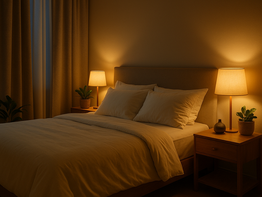 Quarto aconchegante à noite, com cama de casal bem arrumada com roupas de cama brancas, criado-mudo de madeira com abajur aceso e difusor de aromas, cortinas fechadas e plantas decorativas, transmitindo sensação de conforto e tranquilidade.