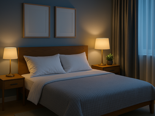 Quarto moderno e aconchegante ao entardecer, com cama de casal bem arrumada, cabeceira de madeira, iluminação suave de abajures e cortinas fechadas, transmitindo sensação de conforto e ambiente ideal para um sono reparador.