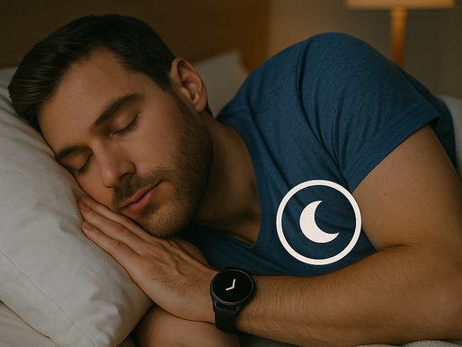 Homem jovem dormindo de lado na cama, usando smartwatch preto que exibe ícone de lua, simbolizando o monitoramento do sono durante a noite.