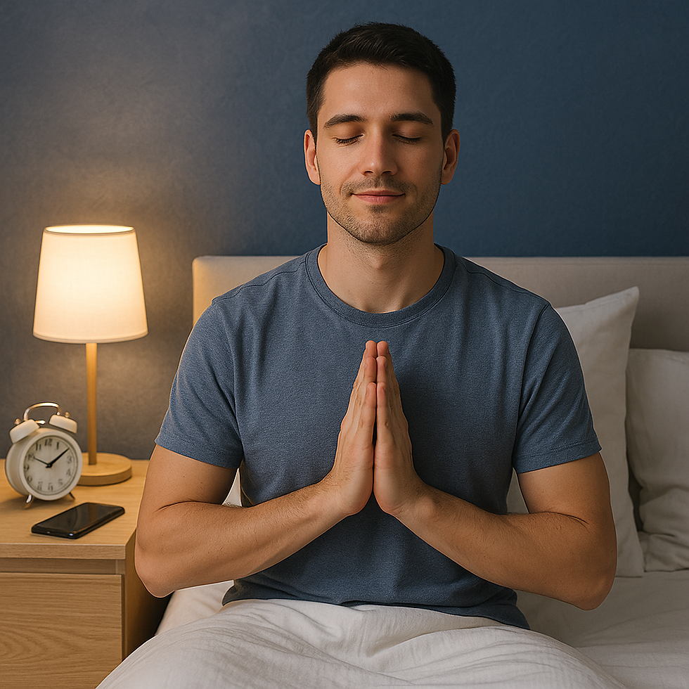 Homem jovem sentado na cama, de olhos fechados e mãos em posição de prece, praticando meditação noturna. Ao fundo, criado-mudo com abajur aceso, despertador e celular, transmitindo sensação de relaxamento e preparação para uma boa noite de sono.