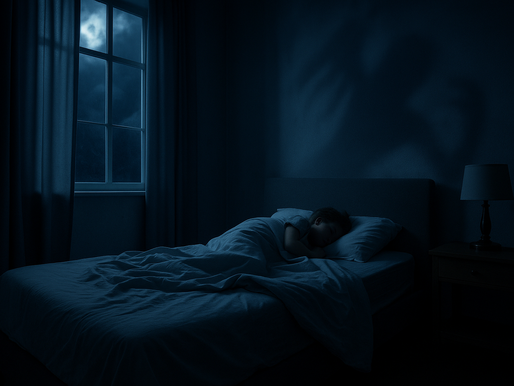 Quarto escuro iluminado pela luz da lua, com cama desarrumada e sombras abstratas na parede, criando atmosfera que simboliza o terror noturno.