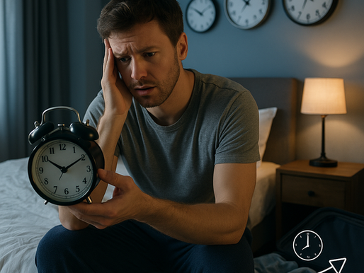 Homem jovem sentado na cama olhando para um despertador com expressão confusa, cercado por relógios marcando diferentes horários e uma mala aberta no chão, simbolizando os efeitos do jet lag no corpo.