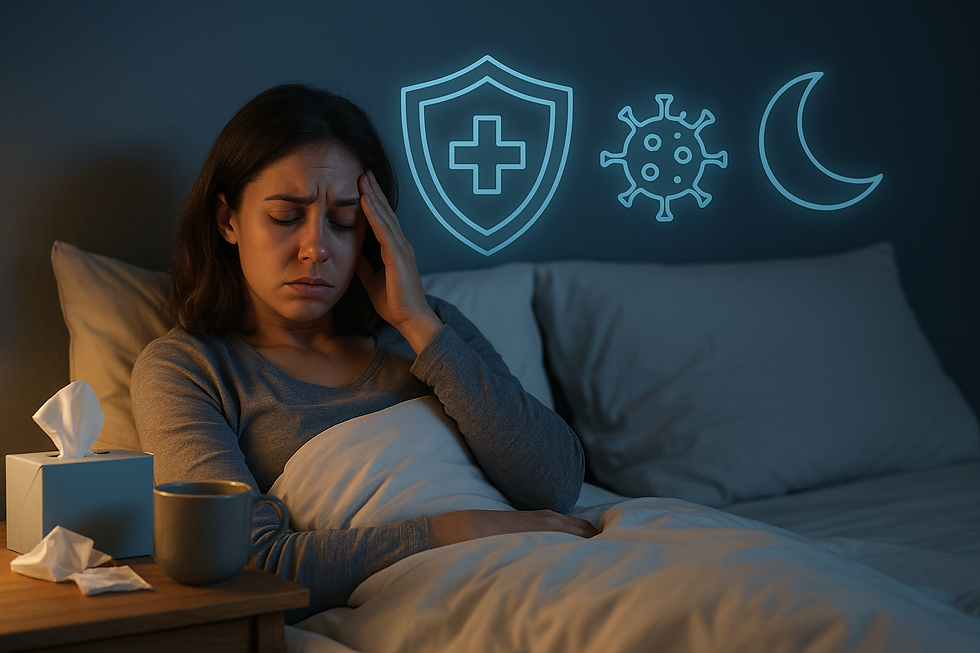 Mulher jovem de pele clara e cabelo castanho até os ombros, deitada na cama com expressão de cansaço e mal-estar, segurando a cabeça. Ao lado, uma mesa de cabeceira com caixa de lenços e caneca cinza. Na parede azul-escura, ícones iluminados de um escudo, um vírus e uma lua representam o impacto da privação do sono no sistema imunológico.