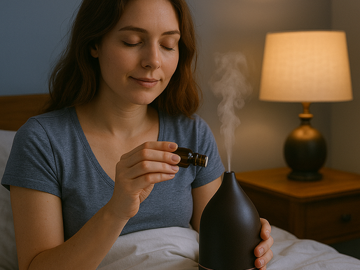 Mulher jovem sentada na cama à noite, adicionando óleo essencial em um difusor preto, com vapor suave subindo e iluminação aconchegante de abajur ao fundo, representando um ritual relaxante de aromaterapia noturna.