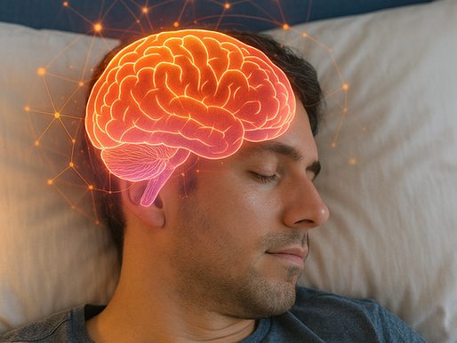 Homem dormindo tranquilamente sobre travesseiro branco, com ilustração colorida e brilhante de um cérebro sobreposta à cabeça, representando atividade cerebral e processos criativos durante o sono.