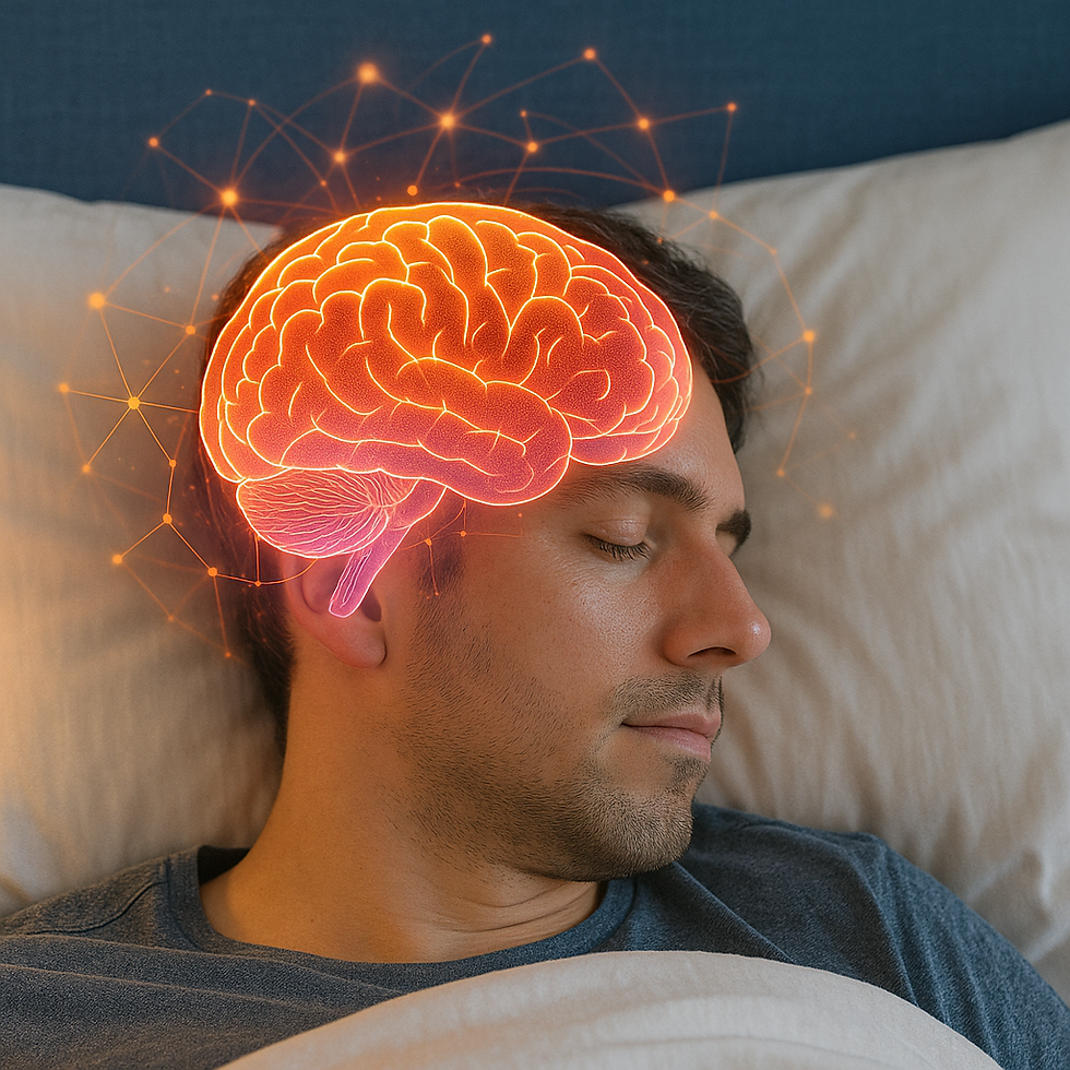 Homem dormindo tranquilamente sobre travesseiro branco, com ilustração colorida e brilhante de um cérebro sobreposta à cabeça, representando atividade cerebral e processos criativos durante o sono.