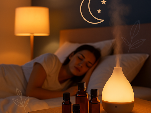 Cena noturna de quarto com mesa de cabeceira em madeira clara contendo frascos de óleos essenciais e um difusor liberando vapor suave, enquanto uma mulher jovem dorme na cama ao fundo, com ícones de lua, estrelas e folhas na parede, simbolizando relaxamento natural.