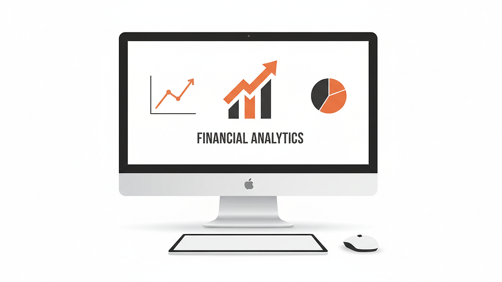 Vista a nivel de escritorio con computadora y gráficos financieros