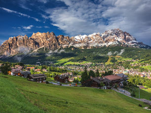 Cortina with its dramatic towering peaks behind the town