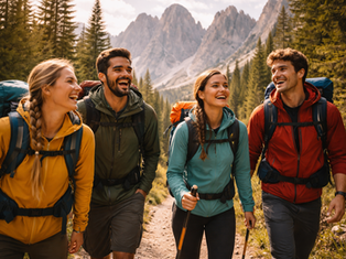 A group of friends enjoys a lively hike through a scenic mountain trail, surrounded by tall pine trees and breathtaking peaks of the Dolomites