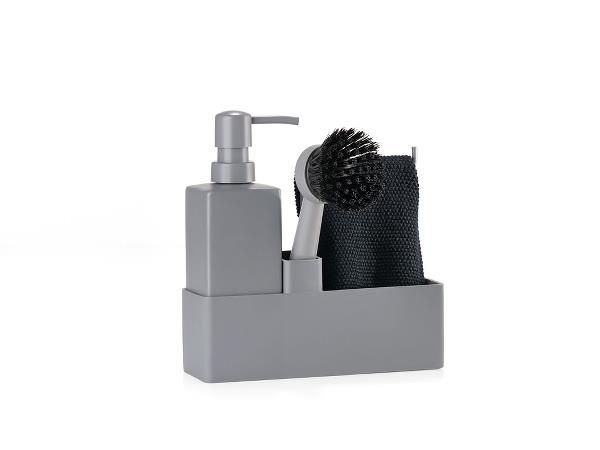 סט לשטיפת כלים מרובע סטנד/דיספנסר /מברשת אפור כהה