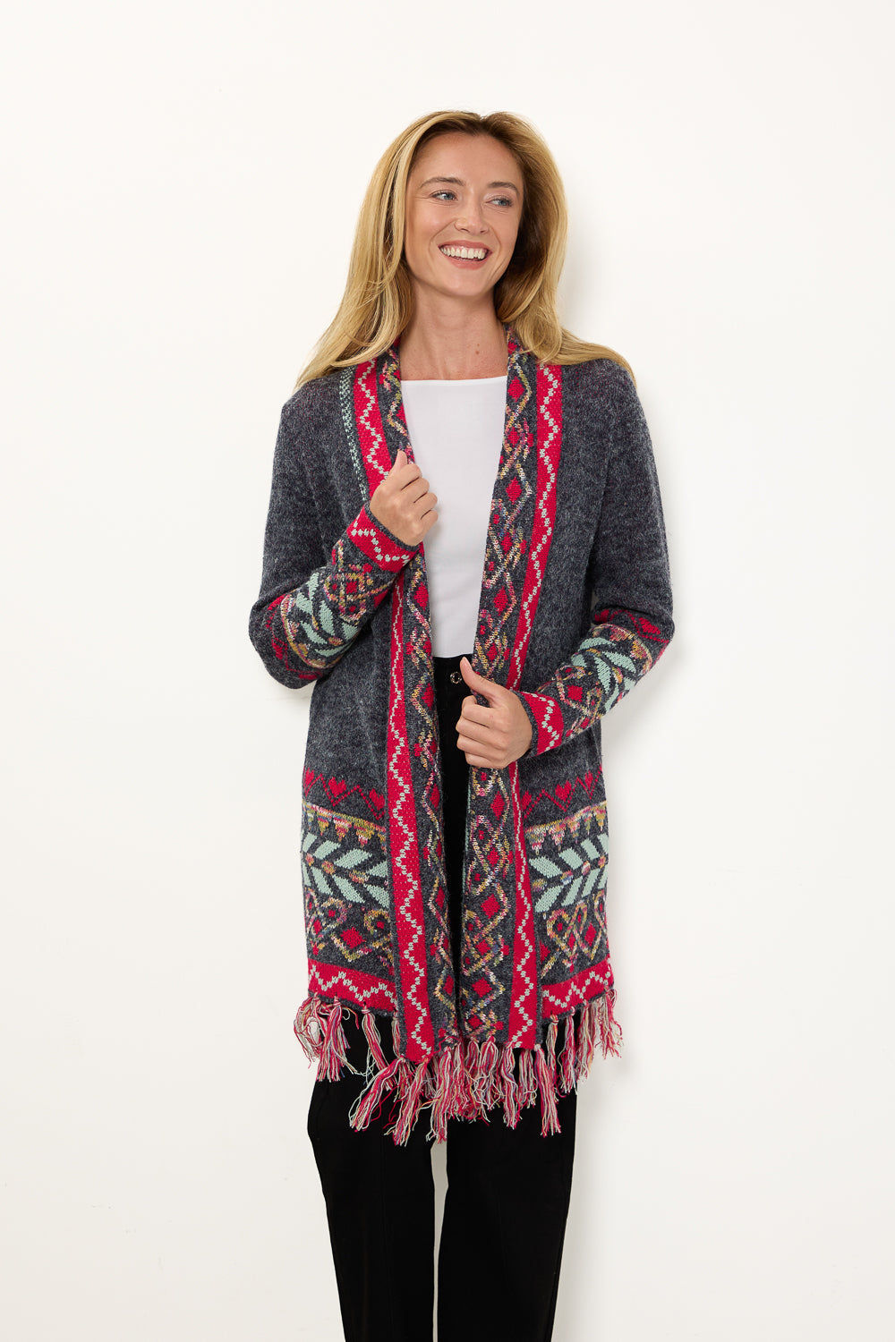 Teal & Charcoal Longline Fringed Cardigan 