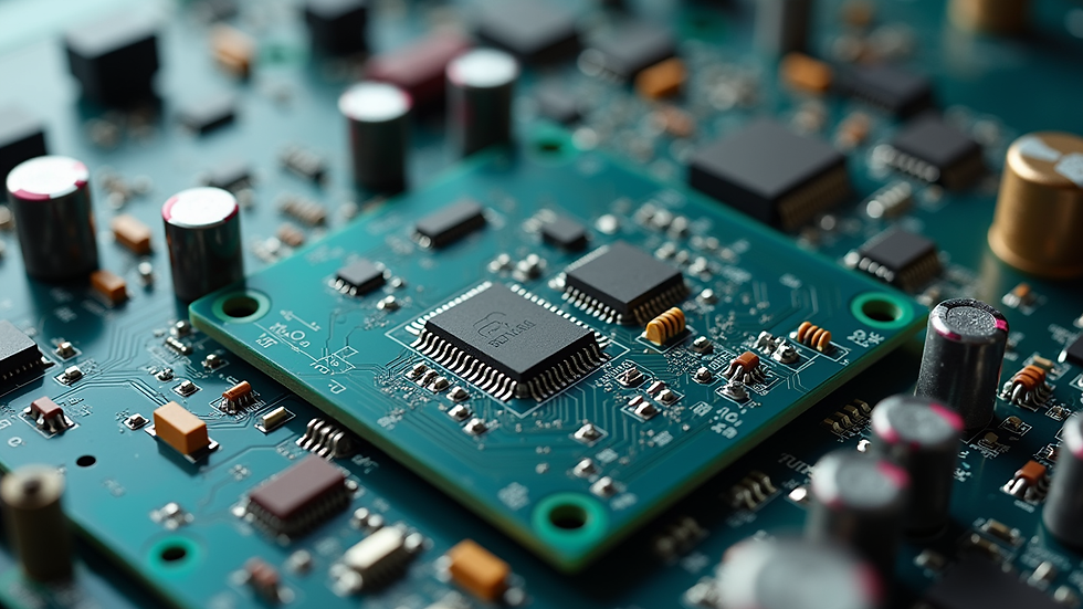 High angle view of a multi-layer PCB with components mounted