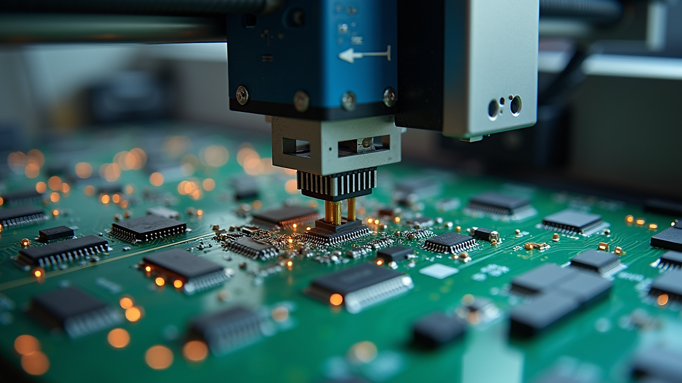 Close-up view of a PCB assembly machine placing components on a circuit board