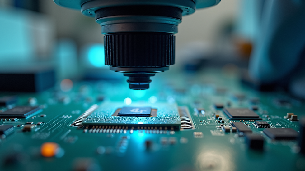 Eye-level view of a technician inspecting a PCB under magnification