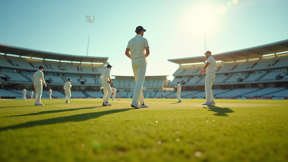 Eye-level view of cricket pitch with players warming up