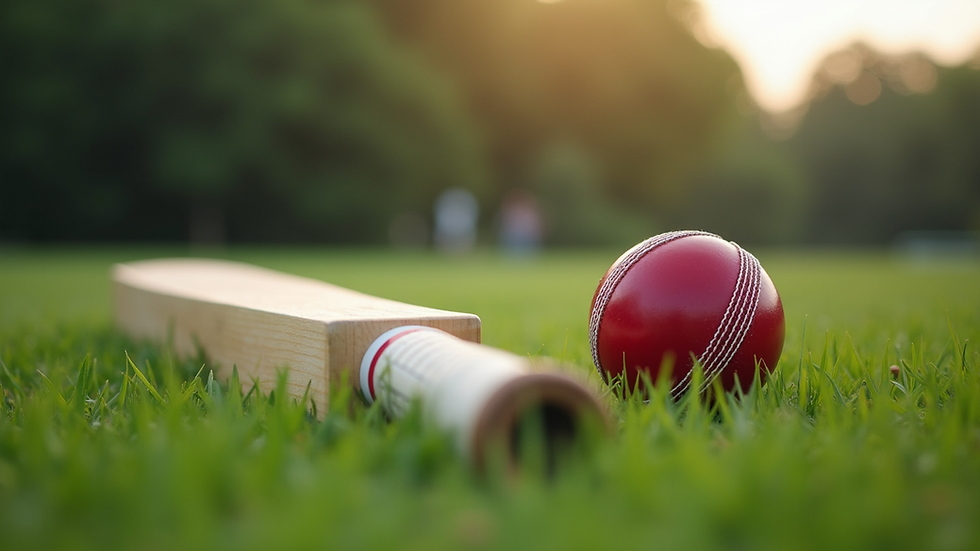Eye-level view of cricket bat and ball resting on green grass