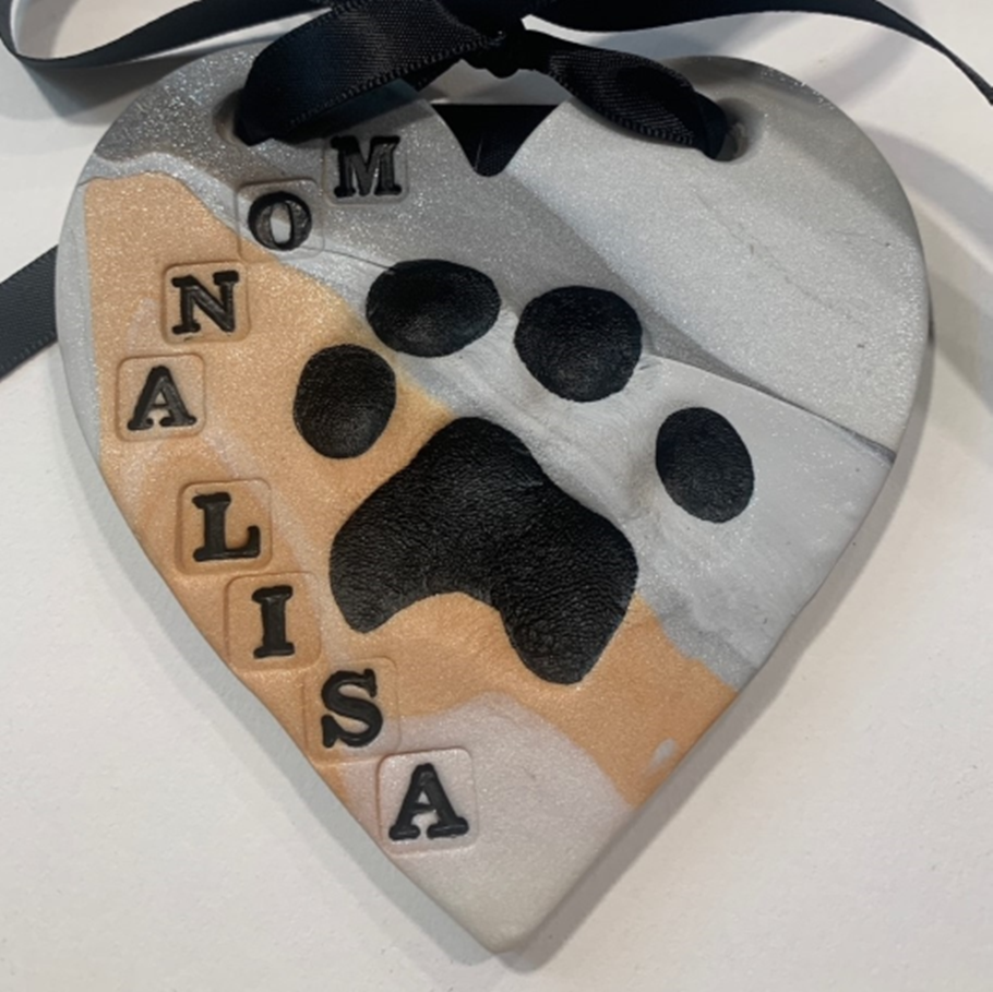 Swirled Clay Pawprint in Custom Tan/Silver Coat Color with Black Paint