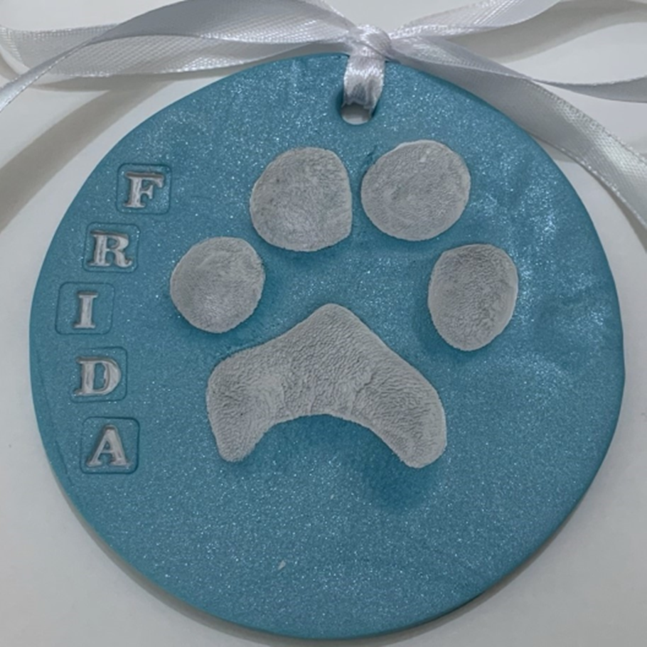 Solid Clay Pawprint in Custom Light Blue with White Paint