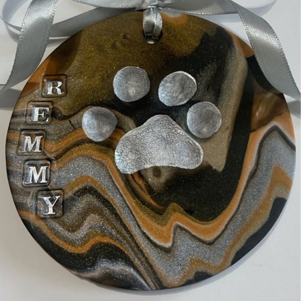 Swirled Clay Pawprint in Custom Brindle Coat Color with Silver Paint