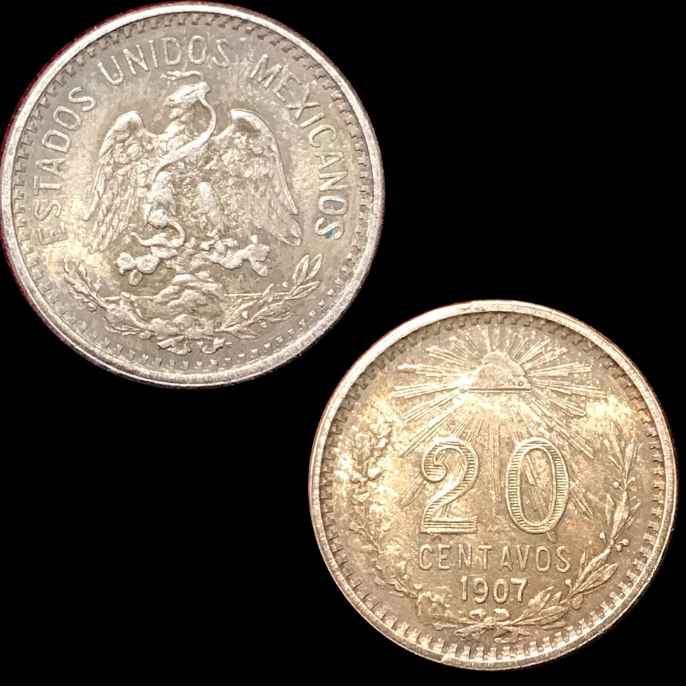 1907 Mexico silver 20 centavos coin, curved 7.