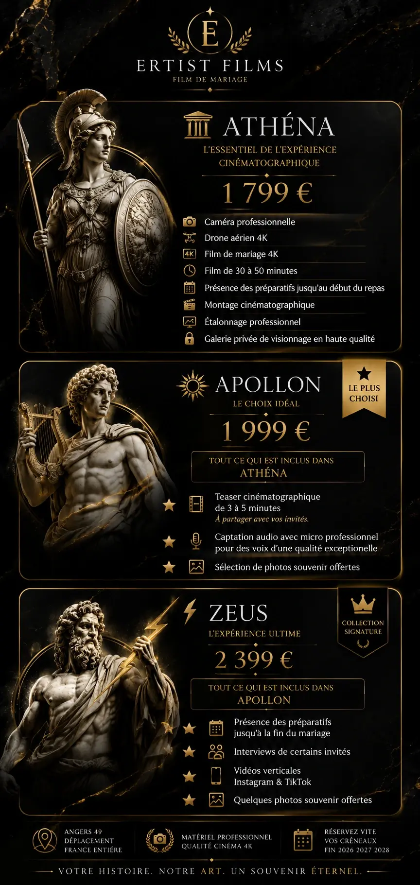 Tarifs vidéaste de mariage Artist Films, formules Athena, Apollon, Zeus