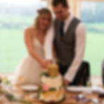 Bride and groom cutting a decorated wedding cake with pink roses, in a tent with green landscape outside. Both smiling, festive mood.