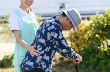 ヘルパーと共に散歩する高齢者