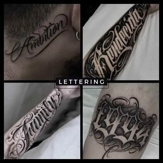 6ink9 Tattoo Studio: Collage im Lettering Tattoo Stil, Köln | Lettering Tattoo Collage, Cologne
