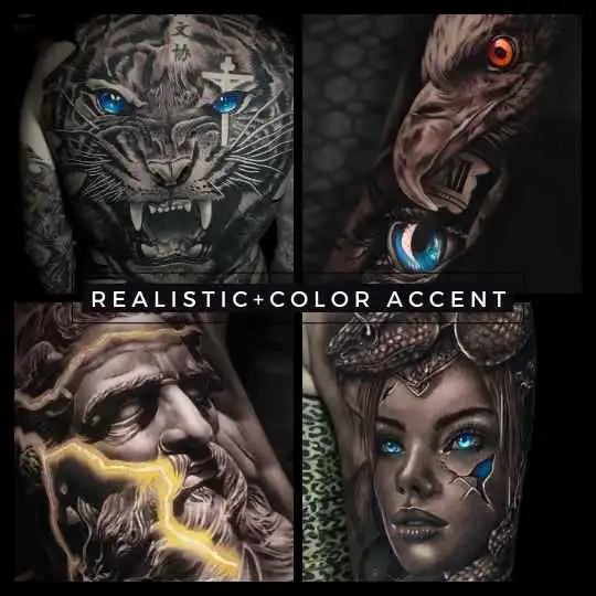 6ink9 Tattoo Studio: Collage im Realistischen Tattoo Stil mit Farbakzenten, Köln | Realistic Tattoo with Color Accent Collage, Cologne
