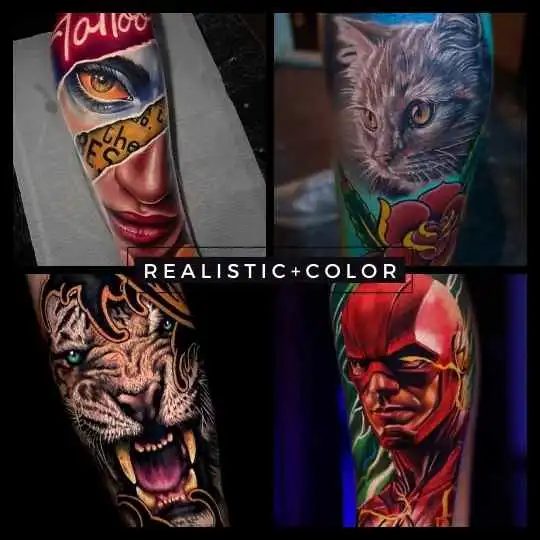 6ink9 Tattoo Studio: Collage im Realistischen Tattoo Stil mit Farbe, Köln | Realistic Color Tattoo Collage, Cologne
