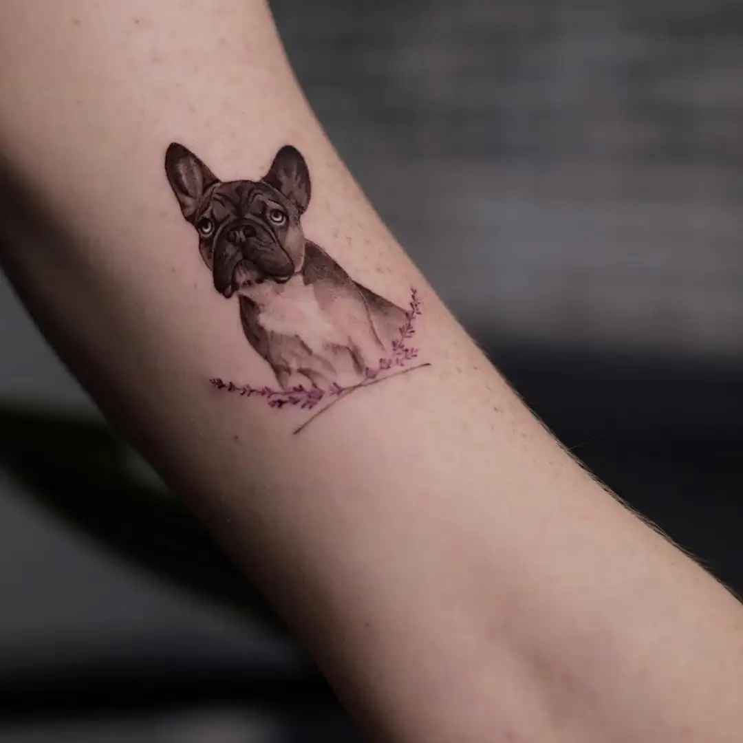 Realistisches Hundeporträt Tattoo am Arm, gestochen ohne Termin im 6INK9 Tattoo Studio Köln | Realistic dog portrait arm tattoo – walk in possible at 6INK9 Cologne

