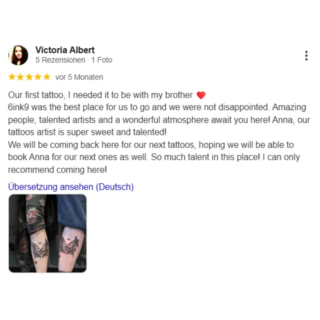 Kundenbewertung zum ersten Tattoo – Walk-In im 6INK9 Studio Köln mit professioneller Umsetzung | First tattoo experience via walk-in at 6INK9 Cologne
