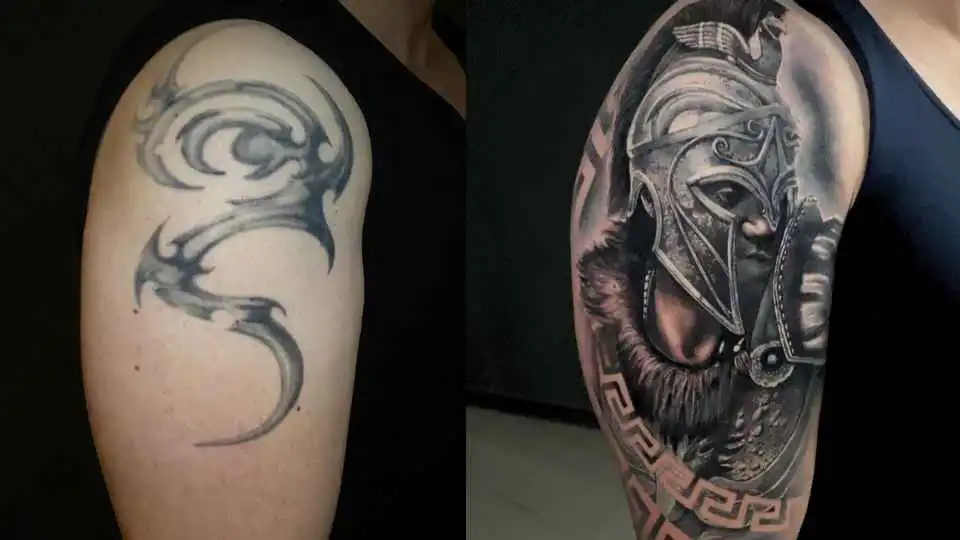 Realistisches Cover-Up-Tattoo eines spartanischen Kriegers über einem Tribal-Muster am Oberarm, gestochen im 6ink9 Tattoo Studio in Köln | Realistic cover-up tattoo of a Spartan warrior over a tribal design on the upper arm, Cologne
