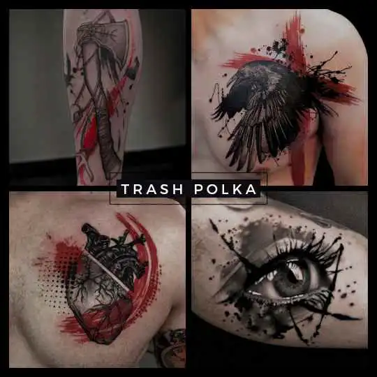 6ink9 Tattoo Studio: Collage im Trash Polka Tattoo Stil, Köln | Trash Polka Tattoo Collage, Cologne
