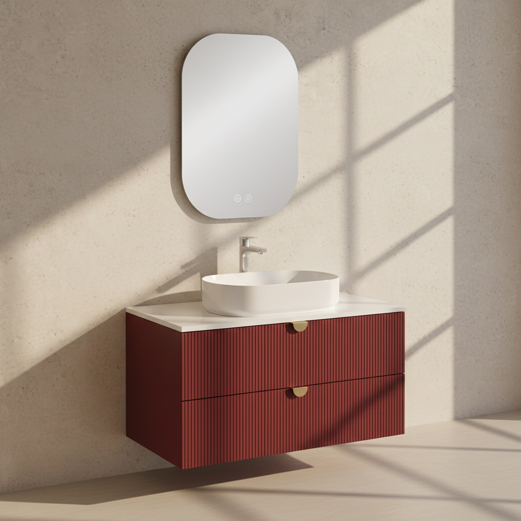 İsvea Infinity Kuvars tezgahlı 100 cm, Beyaz Lavabo 55cm+Ayna, Yakut Kırmızı