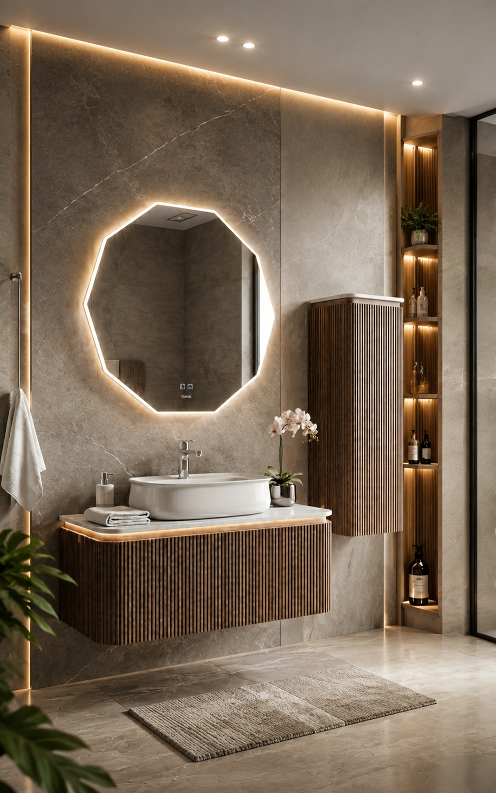 İsvea Fluido Lavabo Ünitesi, 100 cm, Doğal Ahşap Kaplama, Mat Beyaz Lavabolu Set