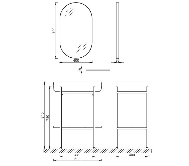ISVEA Puno Mint Terrazzo lavabo ünitesi 60 cm ölçüleri ve teknik çizimi