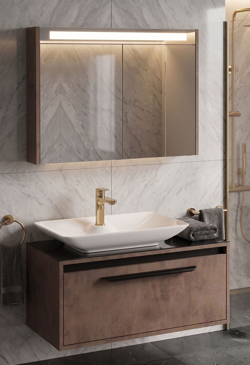 ISVEA Bella Lavabo Ünitesi, 90 cm, Beyaz Lavabolu, Retro Bronz + Ayna / Set  